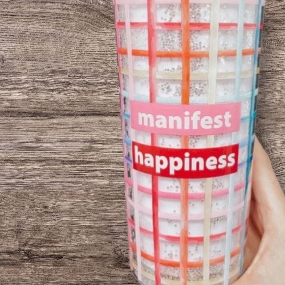 Mugsby “Manifest Happiness” Tumbler Pink & White Glitter with Straw NIB